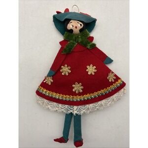 Vintage handmade felt ornament Xmas woman red dress flowers